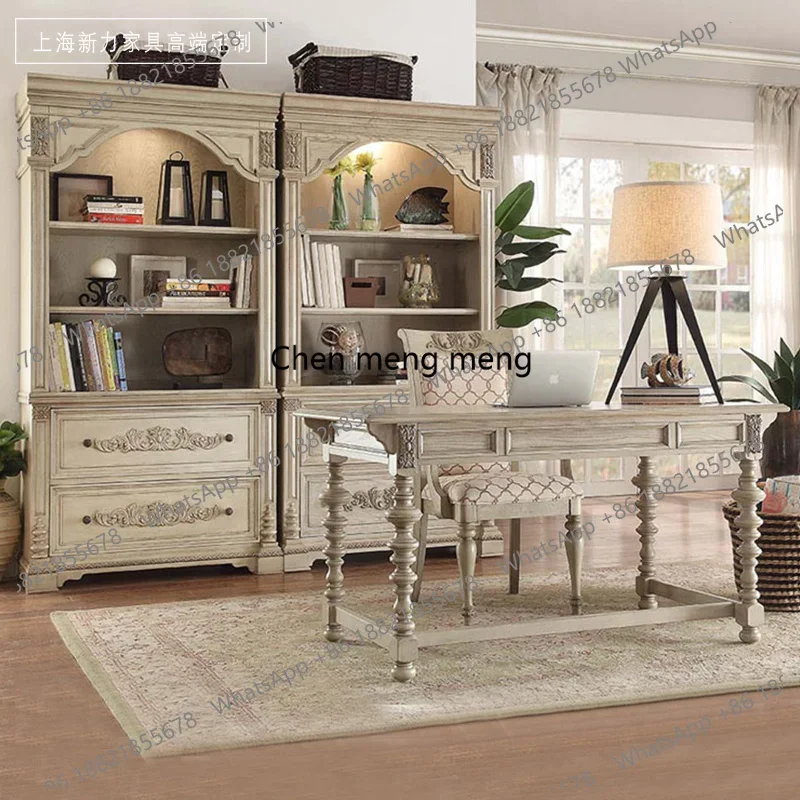 American French White Distressed Vintage Desk Solid Wood Carved Roman Columns Inline Study Desk