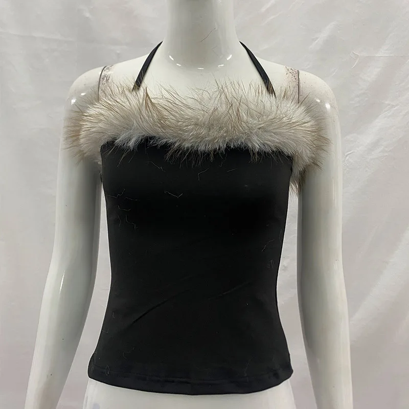 Simple Hanging Neck Vest Sleeveless Fashion Plush Stitching Camisole Sexy Spice Girl Summer Temperament Slim Aesthetic Cut Tops