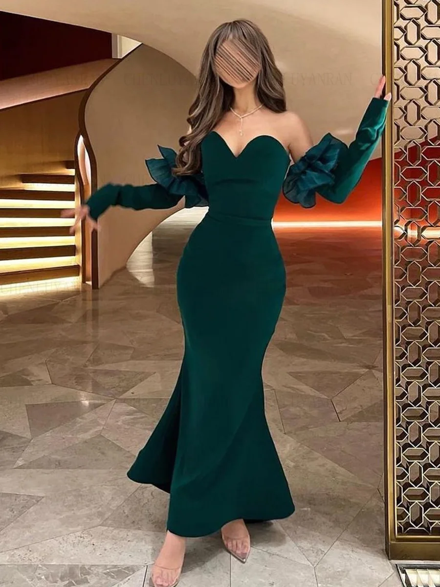 

Green Satin Formal Occasion Dresses 2023 Sweetheart Elegant Ball Gowns Long Sleeves Mermaid Evening Party Gowns فساتين الحفلات