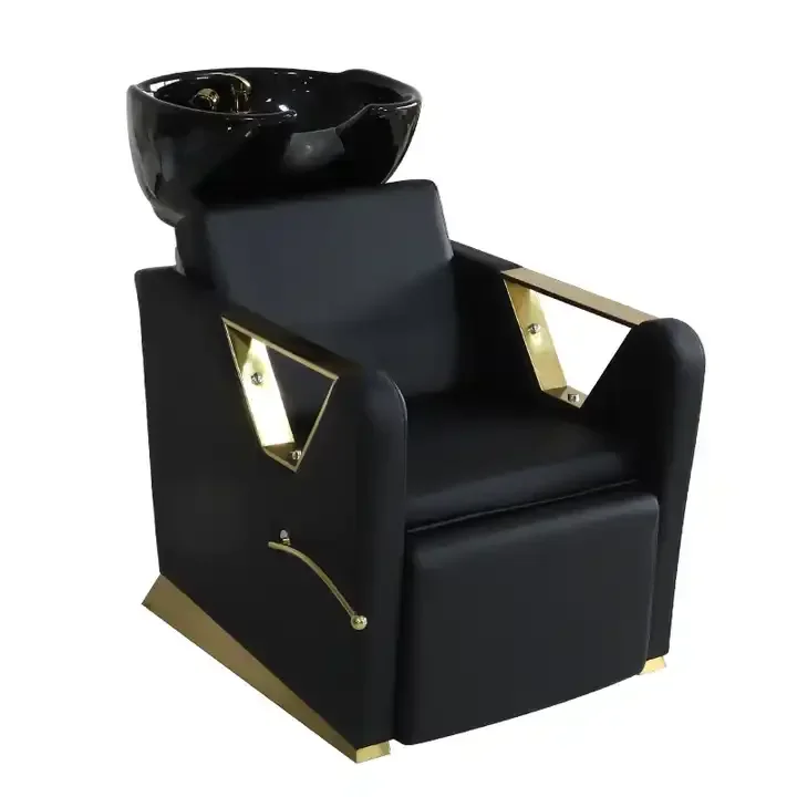 Black leather moder design shampoo chairs gold  metal  handle barber shop shampoo bed hair wash bowl sofa for sale