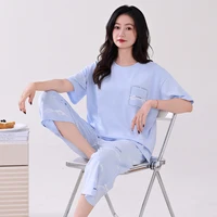 Newest Summer Casual Pajamas Set Women 100% Cotton Sleepwear Female Short Top+Calf-Length Pant Pyjamas - Image 5