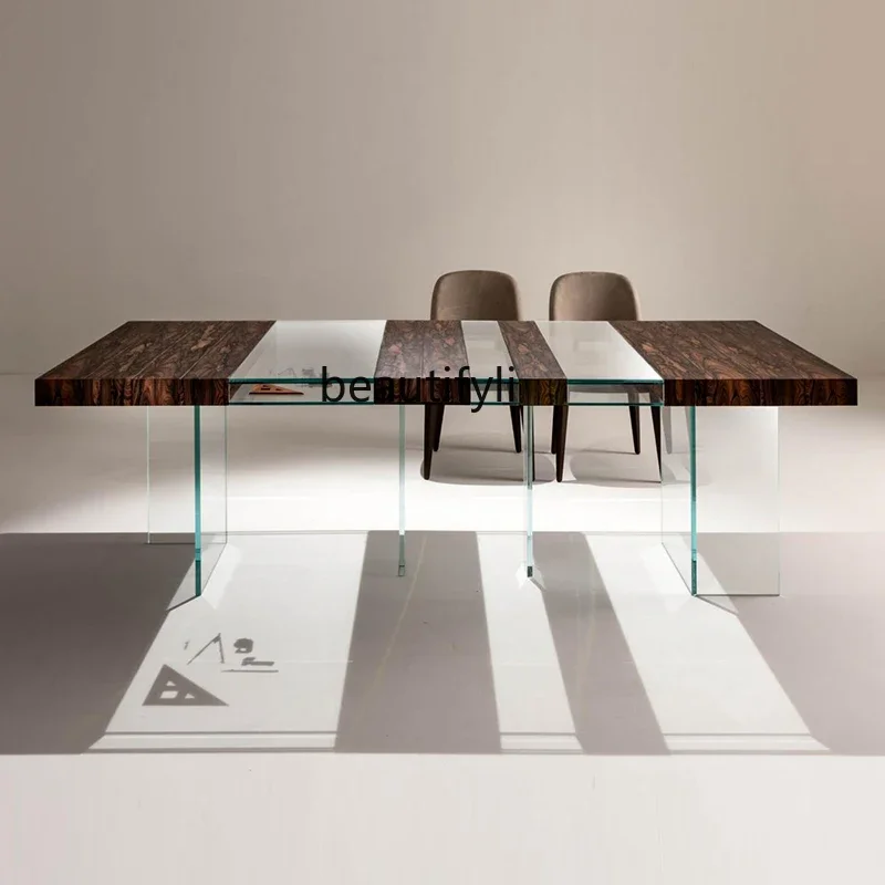 ss 8350 Minimalist Creative Designer Dining Table High-End Affordable Luxury Modern Glass Solid Wood Storage Long Table