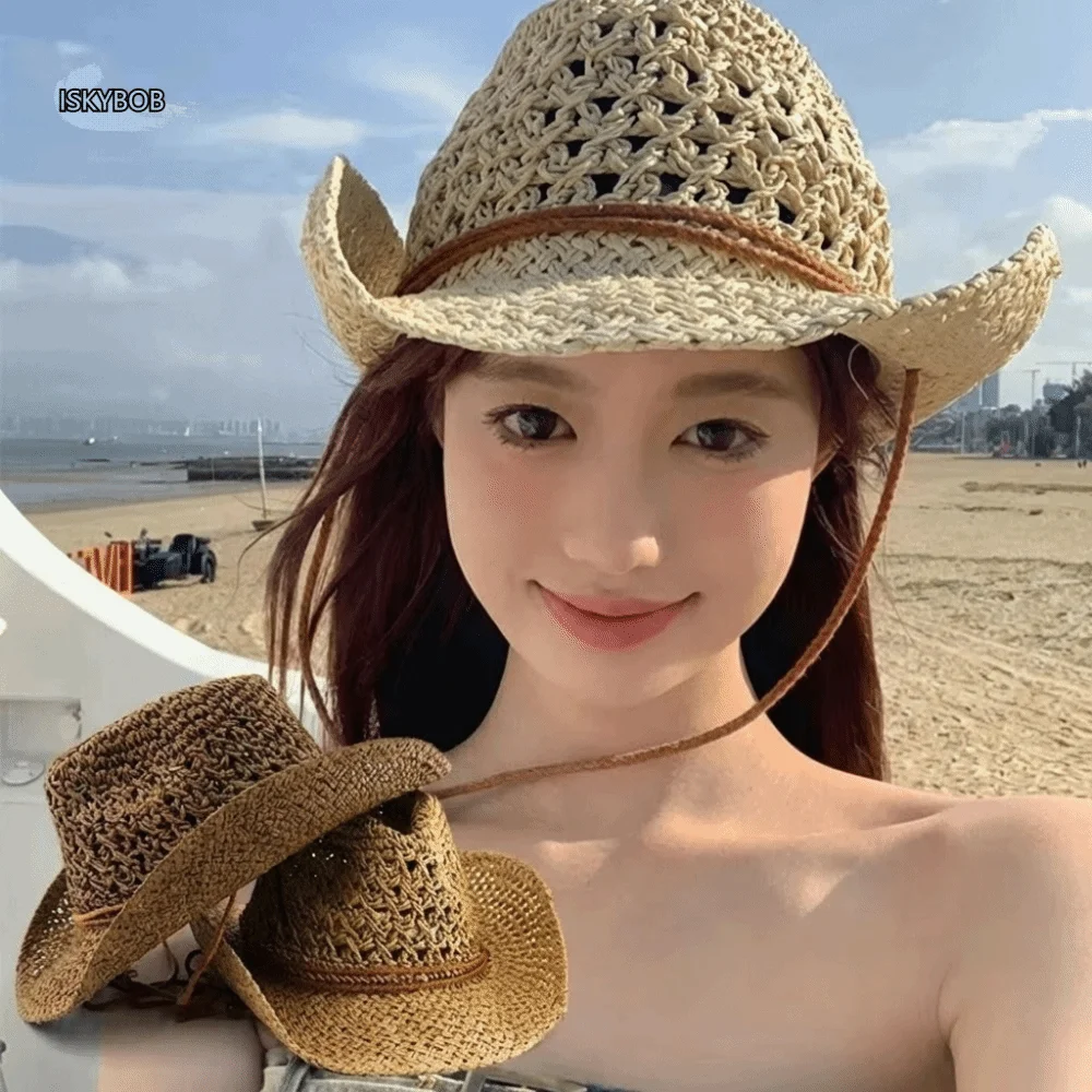 

Retro Wide Brim Sunscreen Straw Hat Ethnic Style Hollow Out Cowgirl Visor Cap Breathable Solid Color Fisherman Hat Climbing