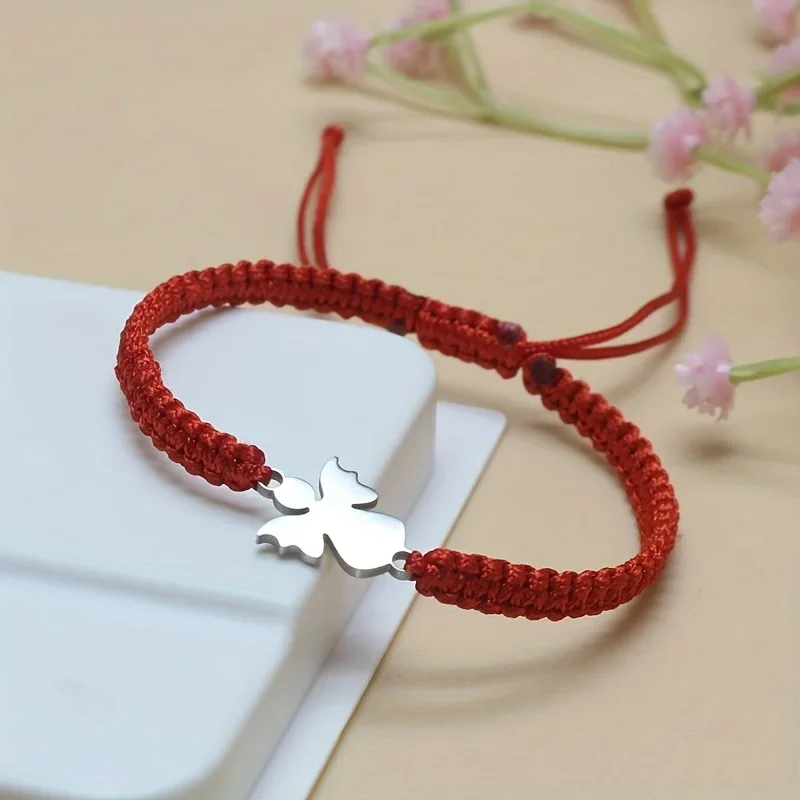 Cute Stainless Steel Little Angel Charm Bracelet Handmade Braided Adjustable Rope Bracelets for Women Girl Christmas Gift