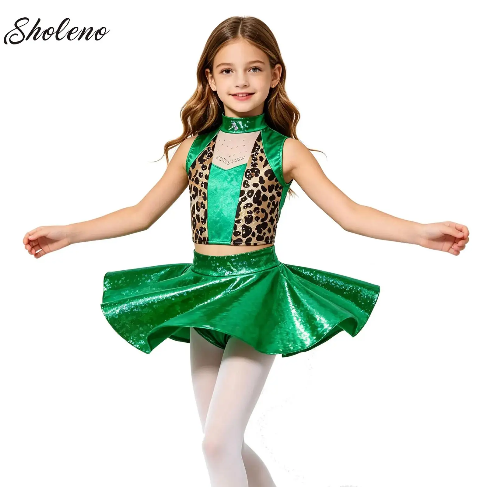 

Kids Girls Latin Dance Outfit Ballet Performance Dancewear Leopard Crop Top with Skirted Bottom for Samba Rumba Cha-Cha Dance