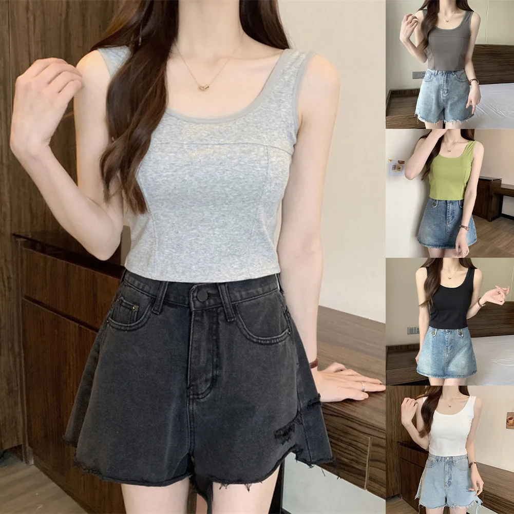 Ladies Spring Summer Casual Sleeveless Tops With Chest Pad Camisole Solid Color Basic Vest Square Neck Slim Crop Top One Size
