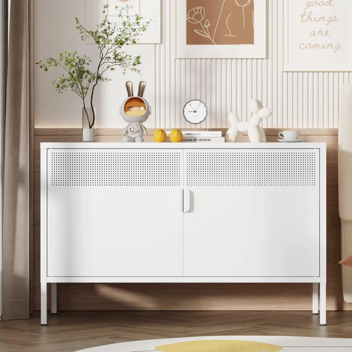 

Metal Storage Cabinet,2 Door TV Stand, Metal Mesh Accent Cabinet,Magnetic Door Closure,Low Storage Cabinets with Doors a