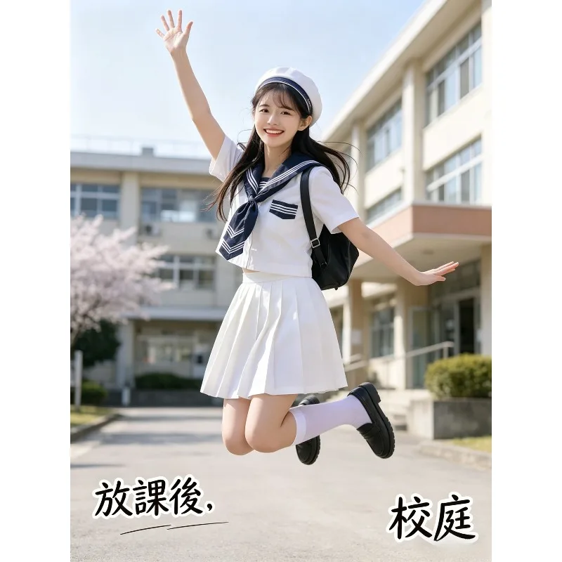 Modified White Three Line Sailor Suit Spring Long Short Sleeve Preppy Pleated Skirt Double Neck Tie Campus Daily Casual Uniform