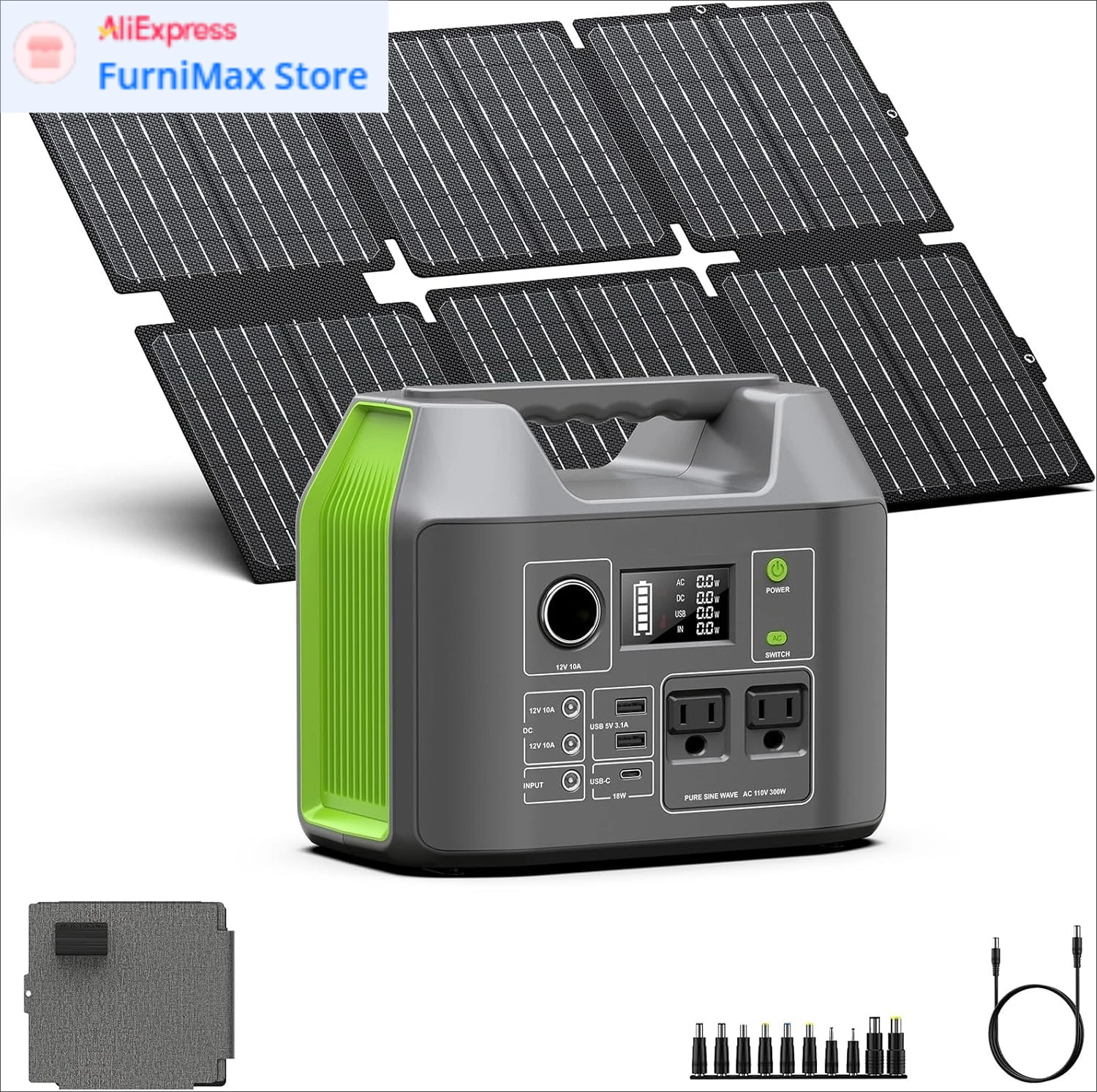 

300W Portable Power Station with Foldable 60W Solar Panel, 110V Pure Sine Wave 296Wh Lithium Battery Pack, Foldable Panel