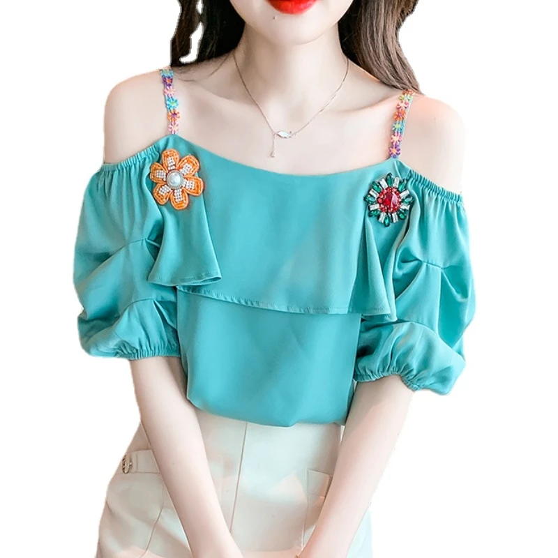 2023 Summer Women\'s Vacation Blouse New Ruffled Sweet Fresh Off-Shoulder Embroidered Chiffon Shirt Sling Top Green Blusas