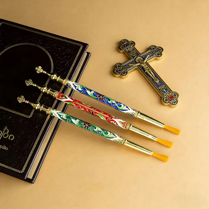 Enamel Orthodox Holy Water Sprinkler Set Gold-Plated Liturgical Aspergilla with Intricate Designs for Church Rituals and Worship
