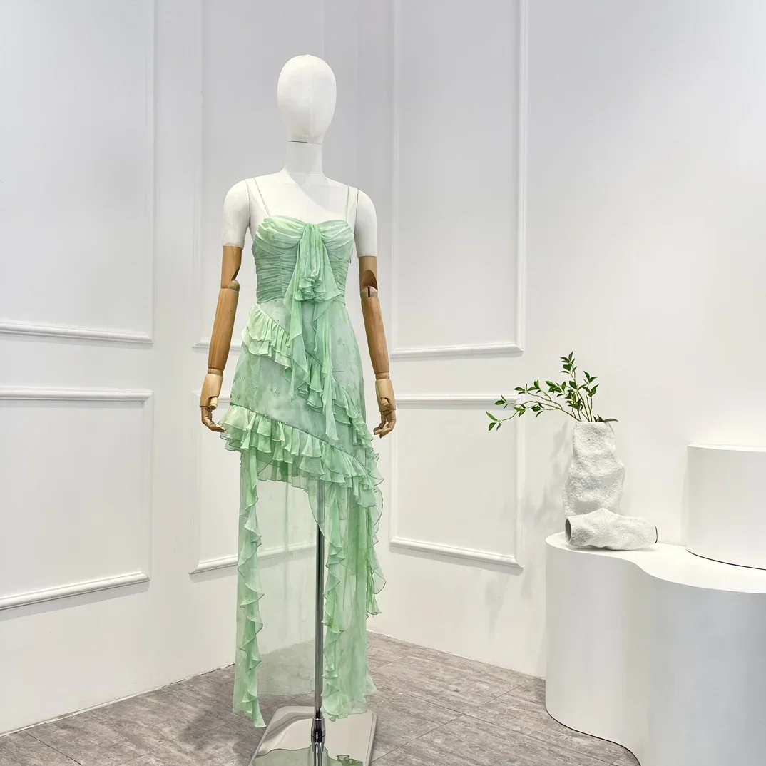 

2024 Spring Summer Tie-dyed Green Silk Sleeveless Dainty Crystals Asymmetric Hem Ruffles Sweet Women Dresses