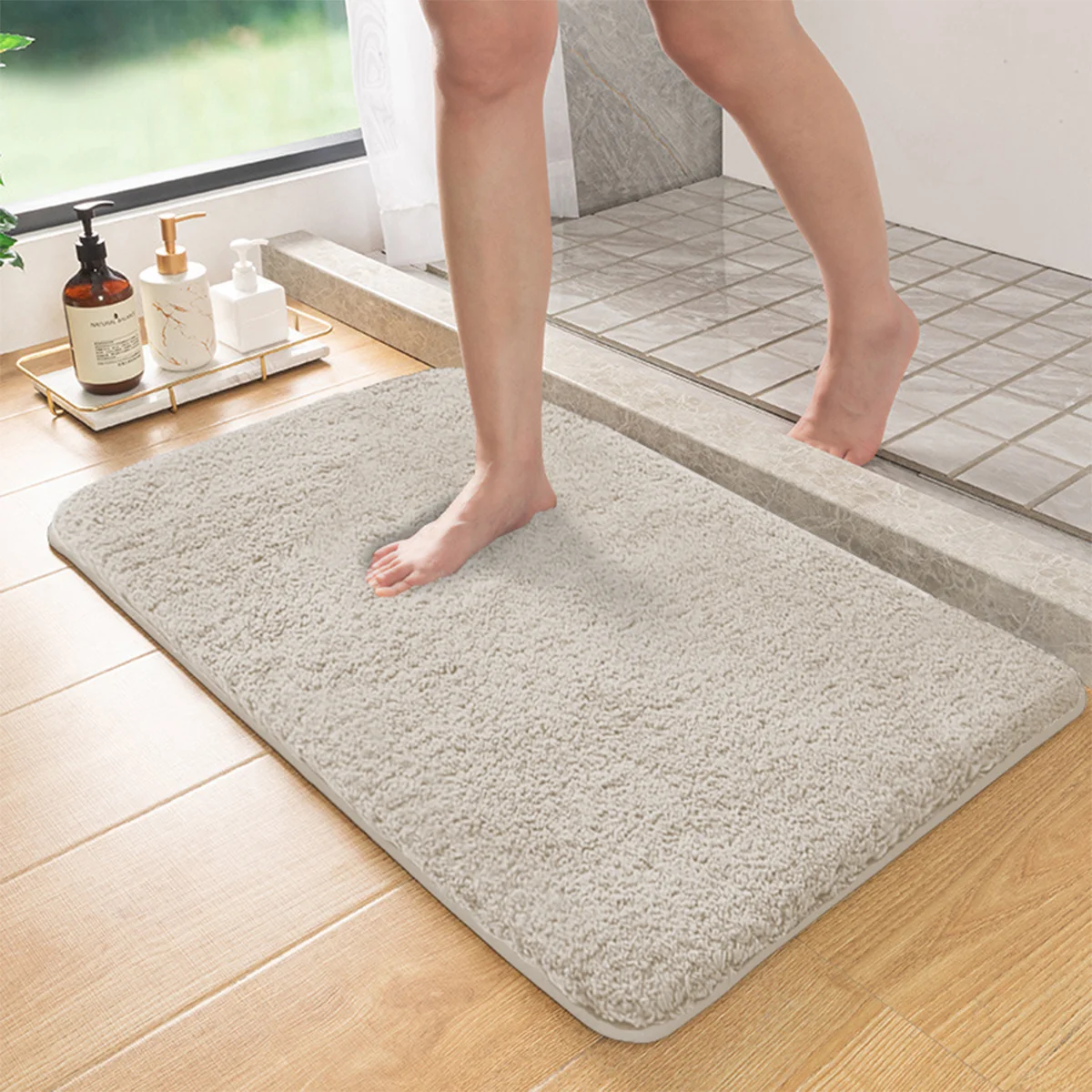 Langflorige, saugfähige Badezimmermatte, flauschige Fußabtropfmatte für die Dusche, rutschfeste Toilettenmatte, Eingangsmatte – Detail 7