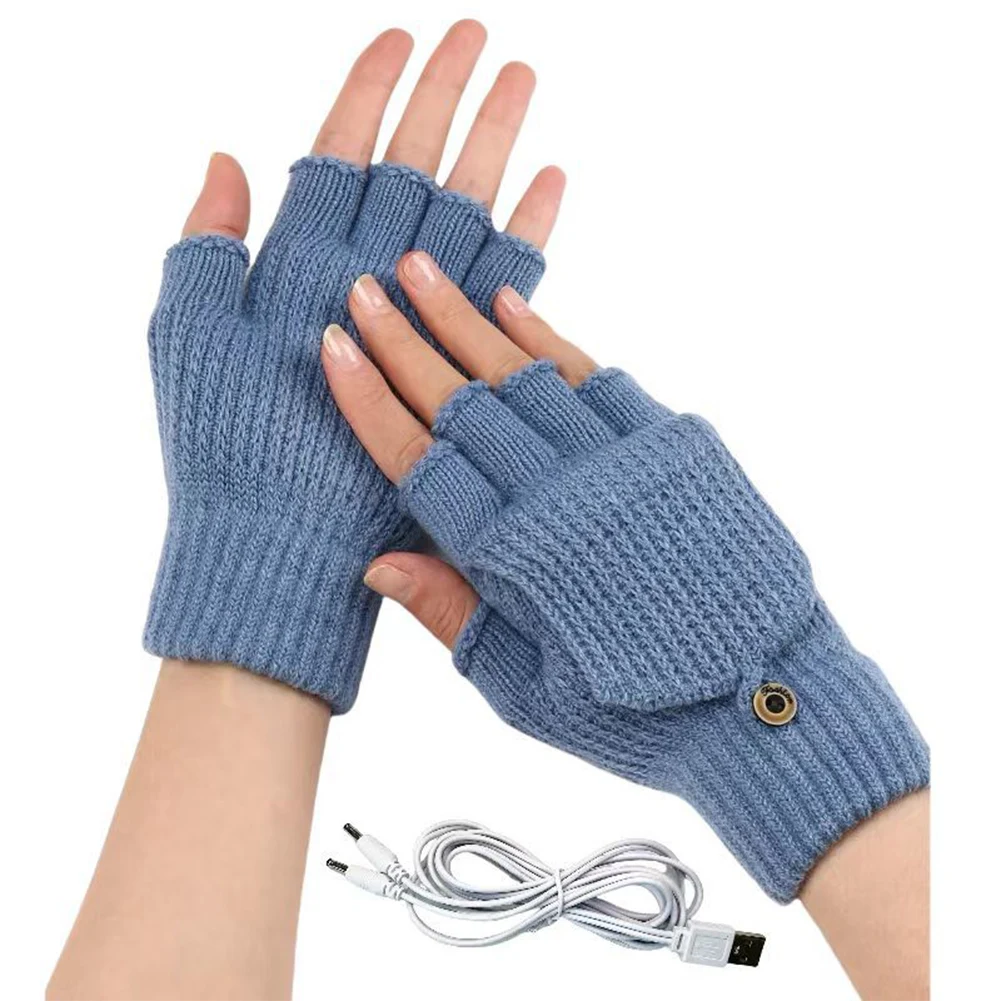 Guantes calefactables eléctricos USB, guantes de invierno tejidos de medio dedo, guantes térmicos a prueba de viento, guantes de punto cálidos para motocicleta y bicicleta