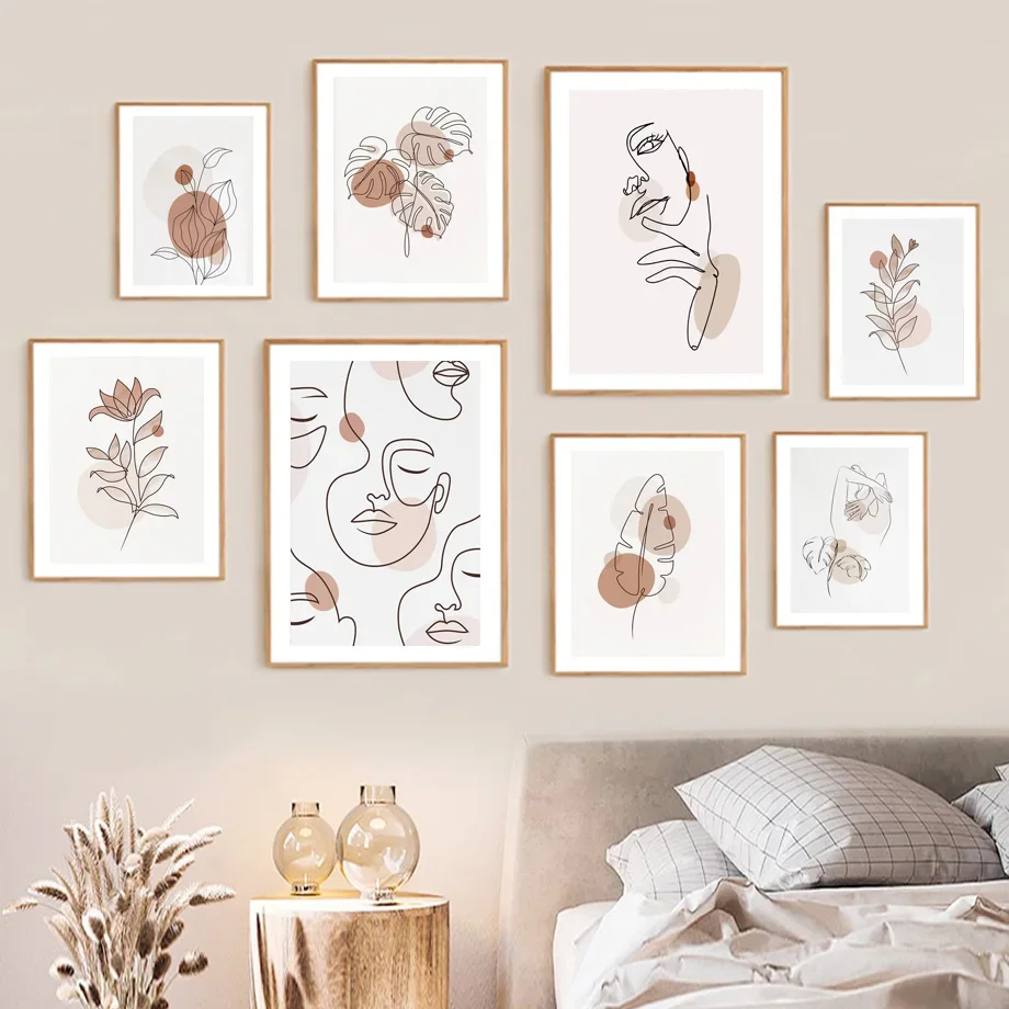 Large-sized 1pc frameless Canvas Painting Terracotta Boho Line Art Wall Art Minimalist One Line Woman Face Monstera Floral Print
