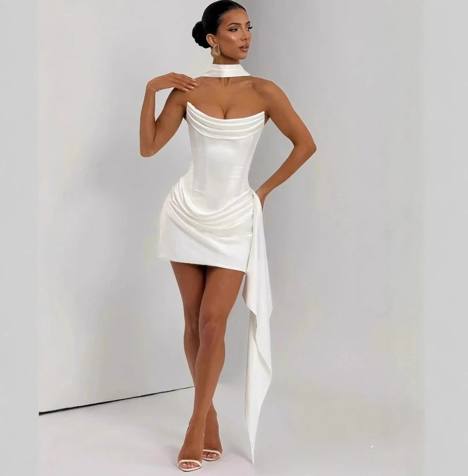 

Элегантное корсетное платье без бретелек, сексуальное белое атласное мини-платье с драпировкой и шарфом, женские коктейльные платья