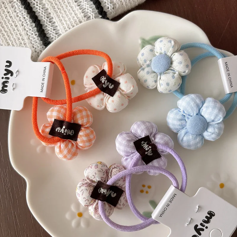 Childrens Plaid Floral Fabric Flower Hair Ties Colorful Elastic Bands for Girls Sweet Cute Daily School Party Wear