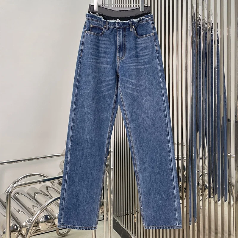 최고급 여성 데님 롱 팬츠, 워싱된 진청색, 고급스럽고 트렌디한 스타일 하이웨이스트 루즈핏 청바지 2596238