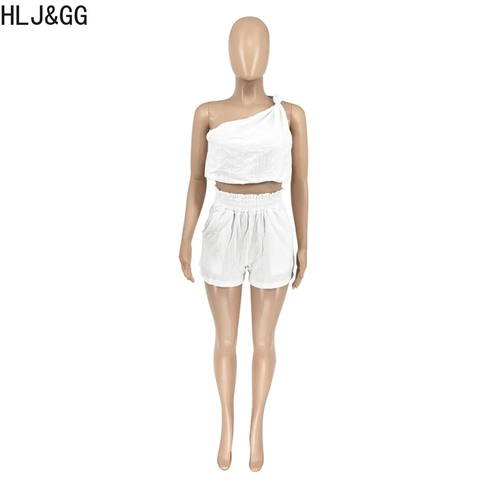 HLJ&GG Elegant Lady Solid One Shoulder Sporty Two Piece Sets Women Sleeveless Crop Top And Shorts Tracksuits Female 2pcs Outfits