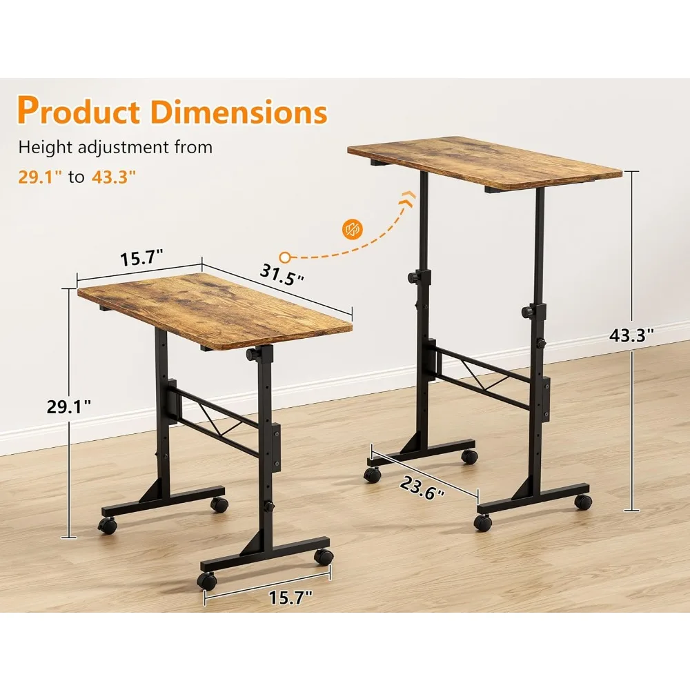 مكتب محمول بارتفاع قابل للتعديل مقاس 32 بوصة للمكتب المنزلي، مكتب صغير للجلوس مع عجلات لبيئة العمل المريحة #3