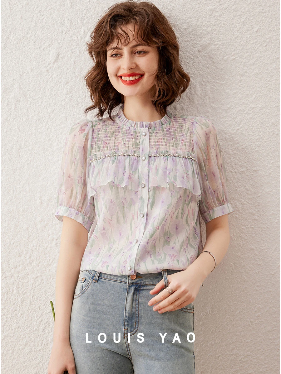 

LOUIS YAO Women Shirt Elegant Print Beading Blouses 2024 Summer O Neck Short Sleeve Women's Top