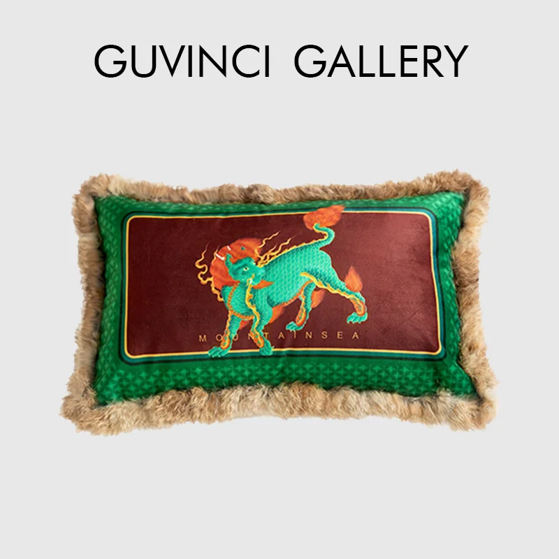 GUVINCI GALLERY Chinese Ancient Mysterious Animals Lumbar Pillow Cover Red Velvet Fringed Sofa Cushion Case Christmas Decoration