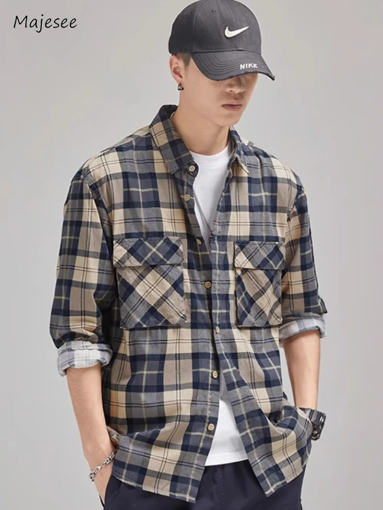 

Shirts Men Daily Fashion Handsome Spring Autumn Plaid Patch Pockets Oversize Japanese Style Male Temperament All-match Popular