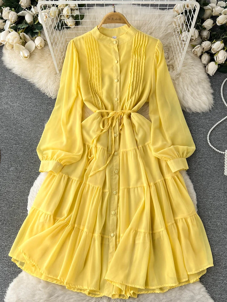 Spring Autumn Women Purple/Yellow/Blue Draped Chiffon Midi Dress Elegant Stand Collar Single Breasted Lantern Sleeve Vestido New