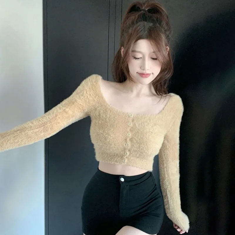 High Quality Solid Color Temperament Square Neck Mohair Plush Slim Fit Fashionable Exposed Navel Long Sleeved Cardigan Tops