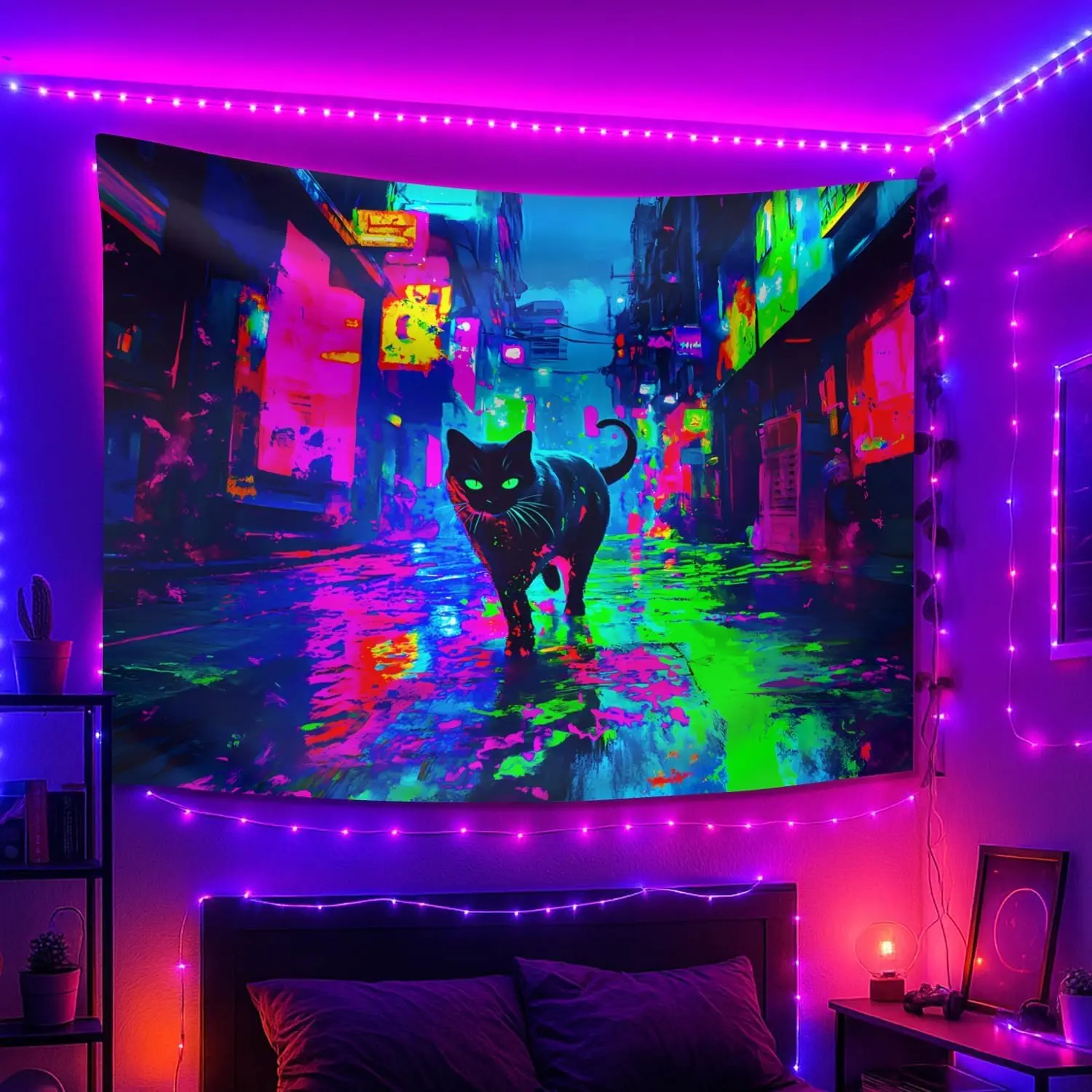 Cyberpunk Neon Cat Wall Tapestry Home Decor Art Polyester Throw Blanket Street Style Loft Living Room Decor Poster Hanging Print