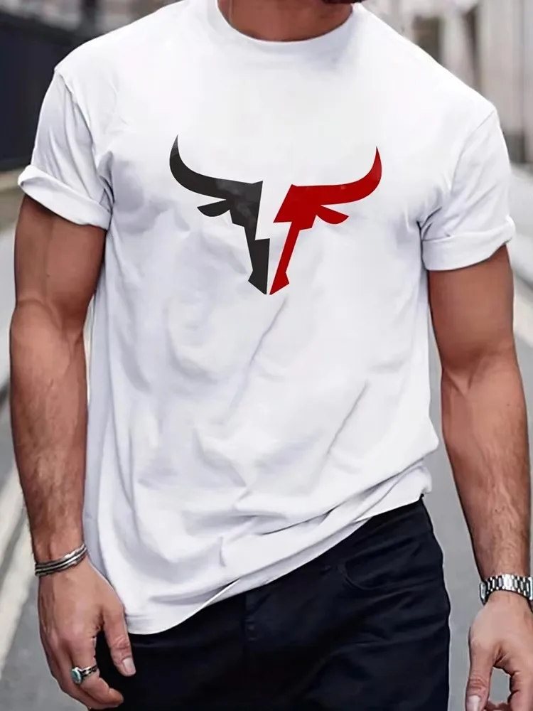 2026 new Men Geometric Bull Head Graphic T-shirt Crew Neck Short Sleeve Tee Fitness Workout Street Tops