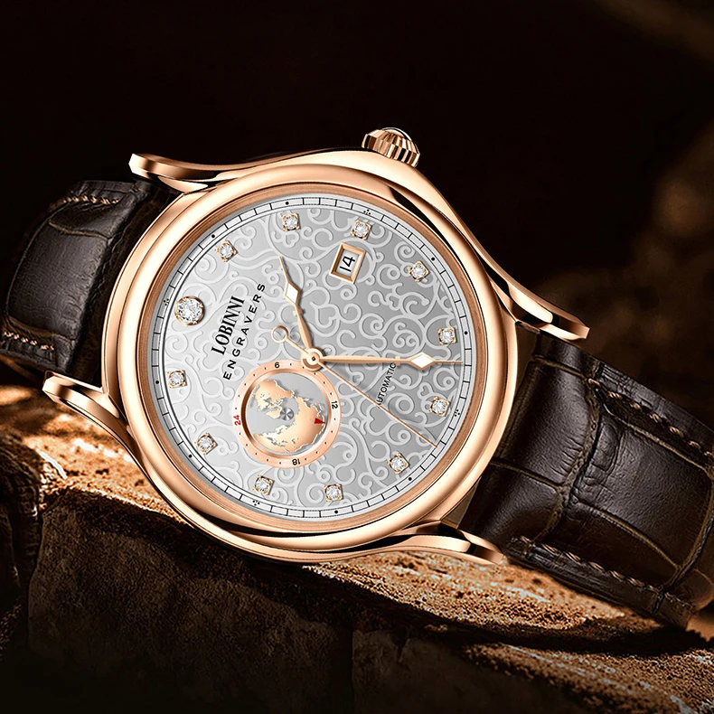 LOBINNI Orologi automatici da uomo Orologio di lusso Orologio da polso meccanico Luminoso 50M Impermeabile Zaffiro Chiusura a farfalla 24 ore Data