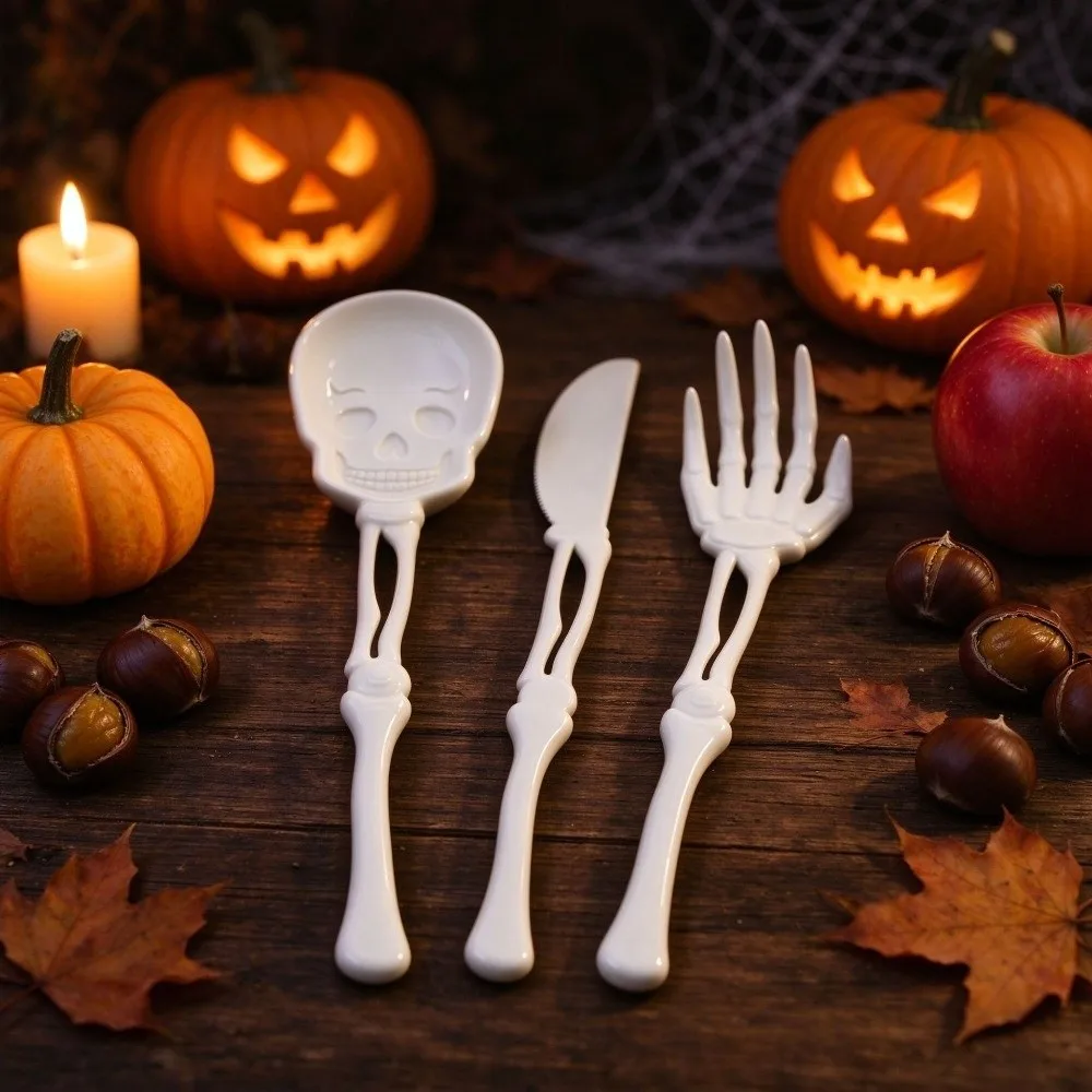 3pcs/Set 3D Printed Skull Flatware Set Food Grade Bone Shape Skeleton Cutlery Set Gothic Style Fork Spoon knives Set