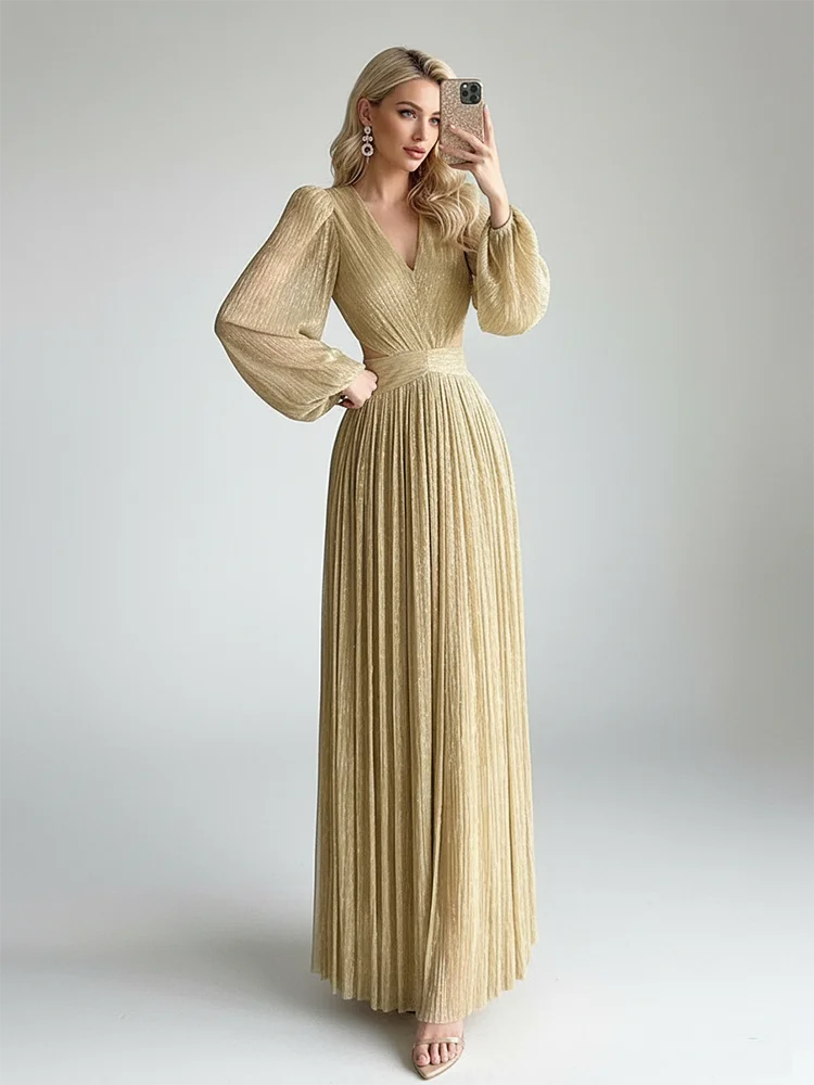 REDDACHiC Ren Fair Gold Glitter Party Dress V-Neck Lantern Sleeve Cut Out Waist Maxi Long Ball Gown Retro Victorian Costume