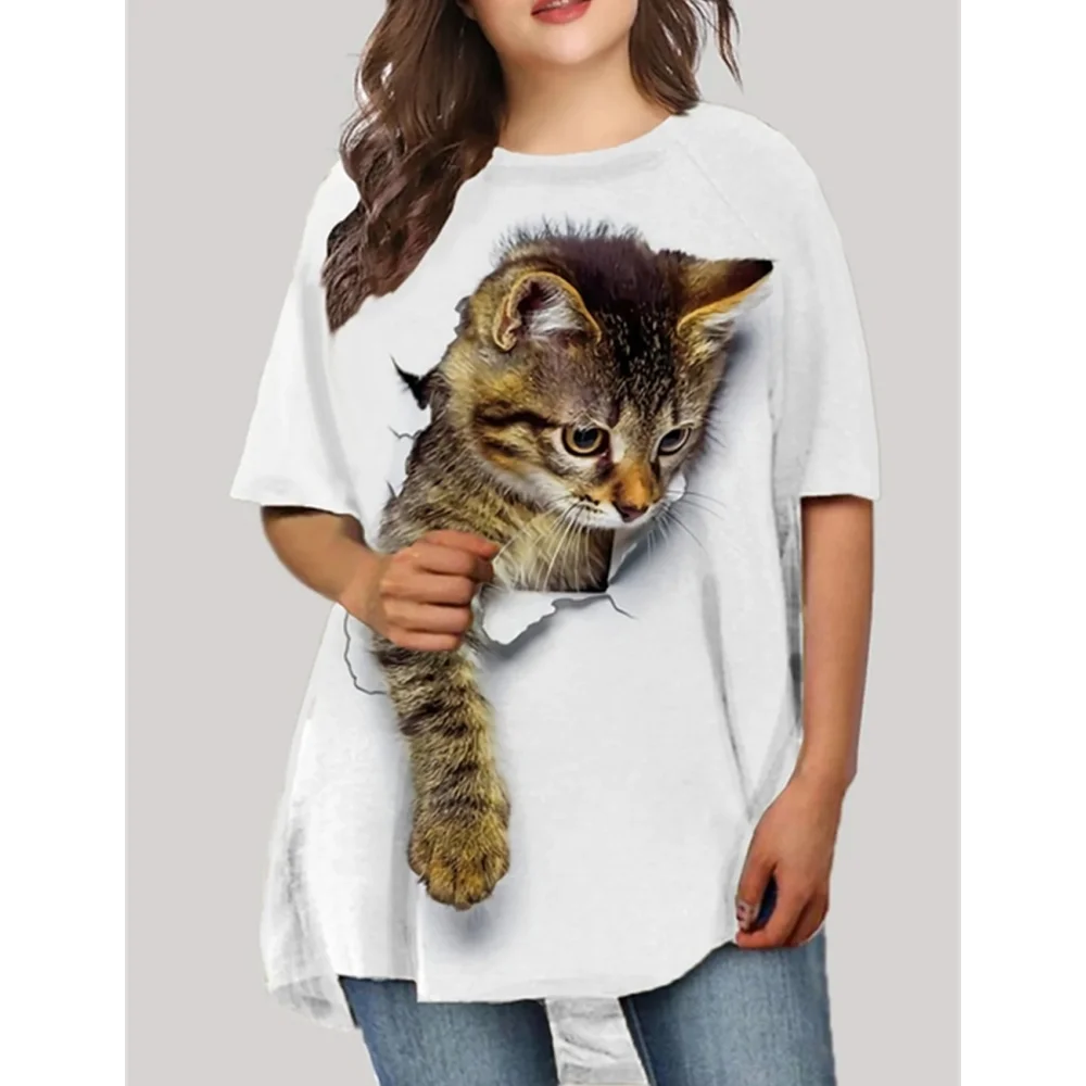 Camisetas de moda para mujer, Tops de gran tamaño con estampado 3d de gato, ropa de calle con cuello redondo holgada, camisas de manga corta para