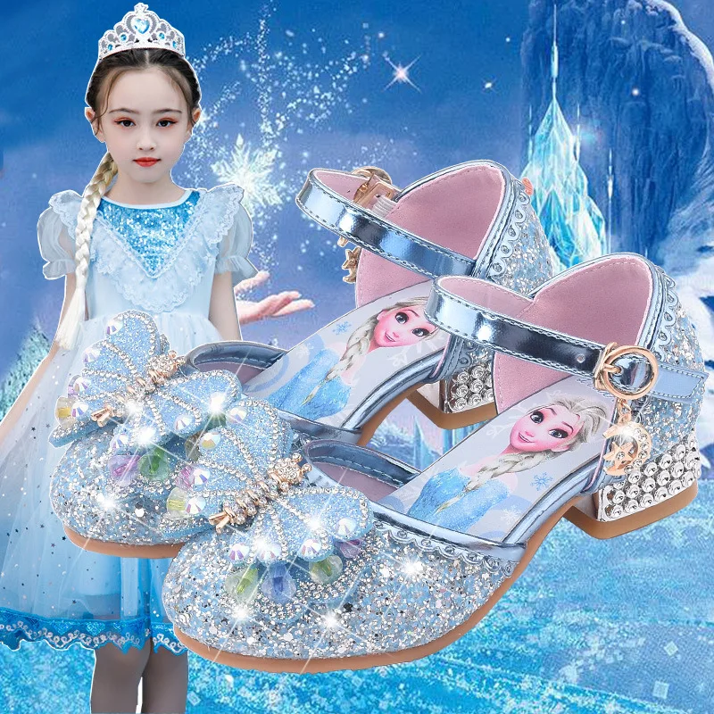 Buty Disney New Elsa dla dziewczynek kreskówka skórzane buty na wysokim obcasie dla dzieci Frozen Princess Kids buciki sandały sukienka królowa