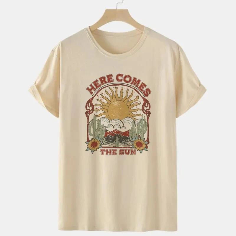 Here Comes the Sun Graphic Tops Summer Fashion Women T Shirt Cotton Retro Hippie Tees Boho Vintage Aesthetic Clothes Grunge