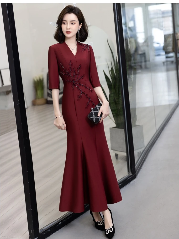 

Ele Red Evening Gown Young Sle Wedding Dr for Mother of the Bride Tailored Fi Tail Skirt Handmade Embroidery
