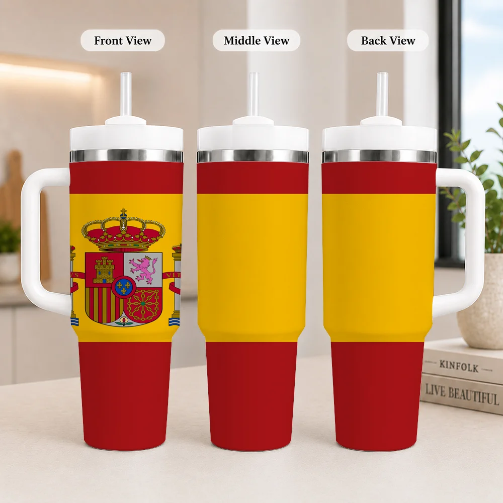 Spain National Flag Soccer Fan Vacuum Flasks 40oz Leakproof Steel Tumbler w/ Lid Straw Handle Hot Cold Drinks