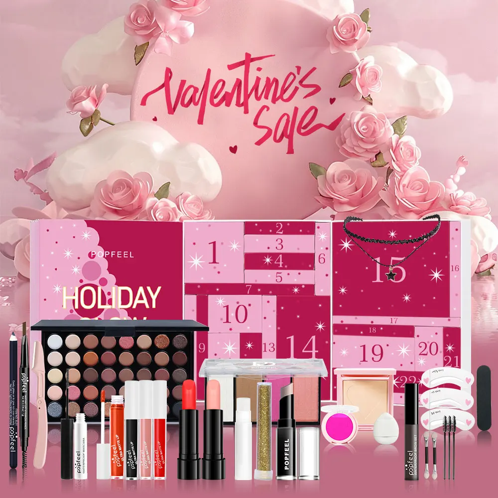 POPFEEL 24-delige Valentijnsdag make-up cadeauset - Inclusief oogschaduwpalet, lippenstiften en verrassingscosmetica, geliefden.