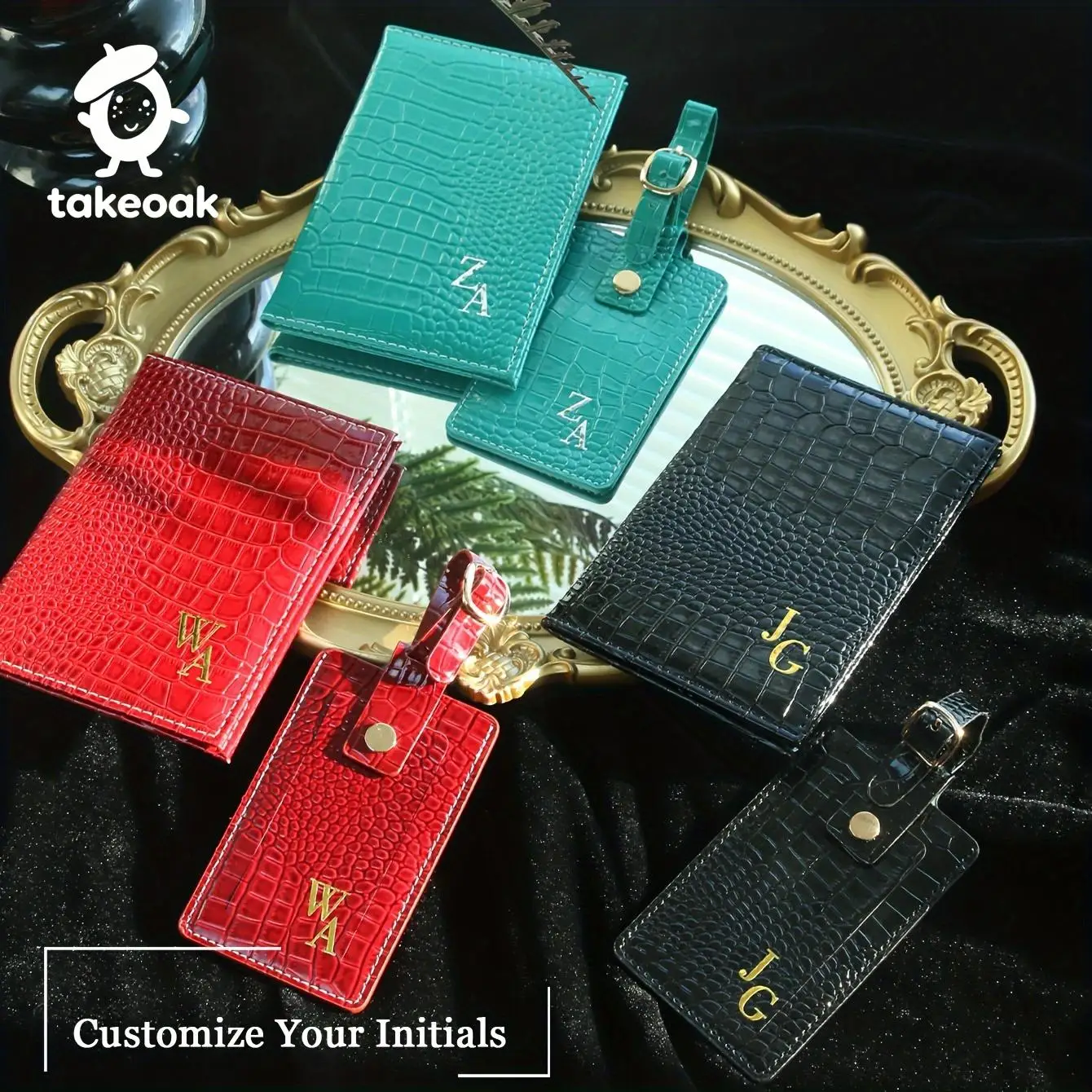 

Personalized Initial Letter Passport Holder with Luggage Tag Set Customized Letter Crocodile Leather Passport Cover
