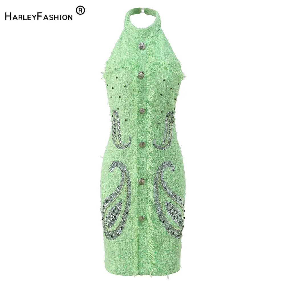 

Fine Workmanship Rhinestone Sequins Beading Lady Sexy Halter Backless Sleeveless Women Slim Fitted Party Mini Dress