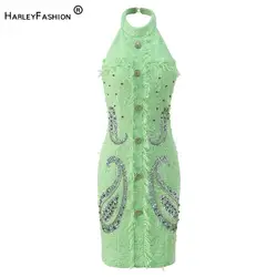 Fine Workmanship Rhinestone Sequins Beading Lady Sexy Halter Backless Sleeveless Women Slim Fitted Party Mini Dress