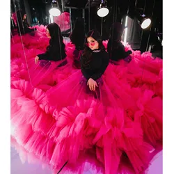 Gothic Hot Pink Sheer Tulle Maxi Skirt Elastic Waist Tiered Mesh Long Skirts Party Night Tutu Gown Custom Made Prom Wear Saia