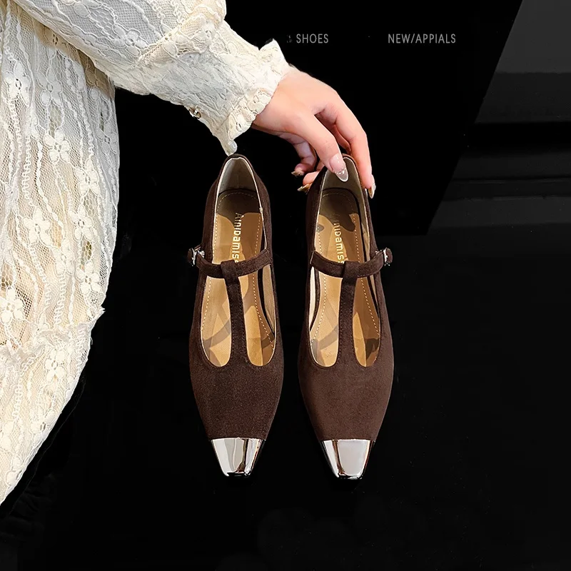 

Коричневая кожаная версия Mary Jane oes, женская модная корейская одежда без шнуровки с острым носком на плоском каблуке, весенне-осенняя одежда