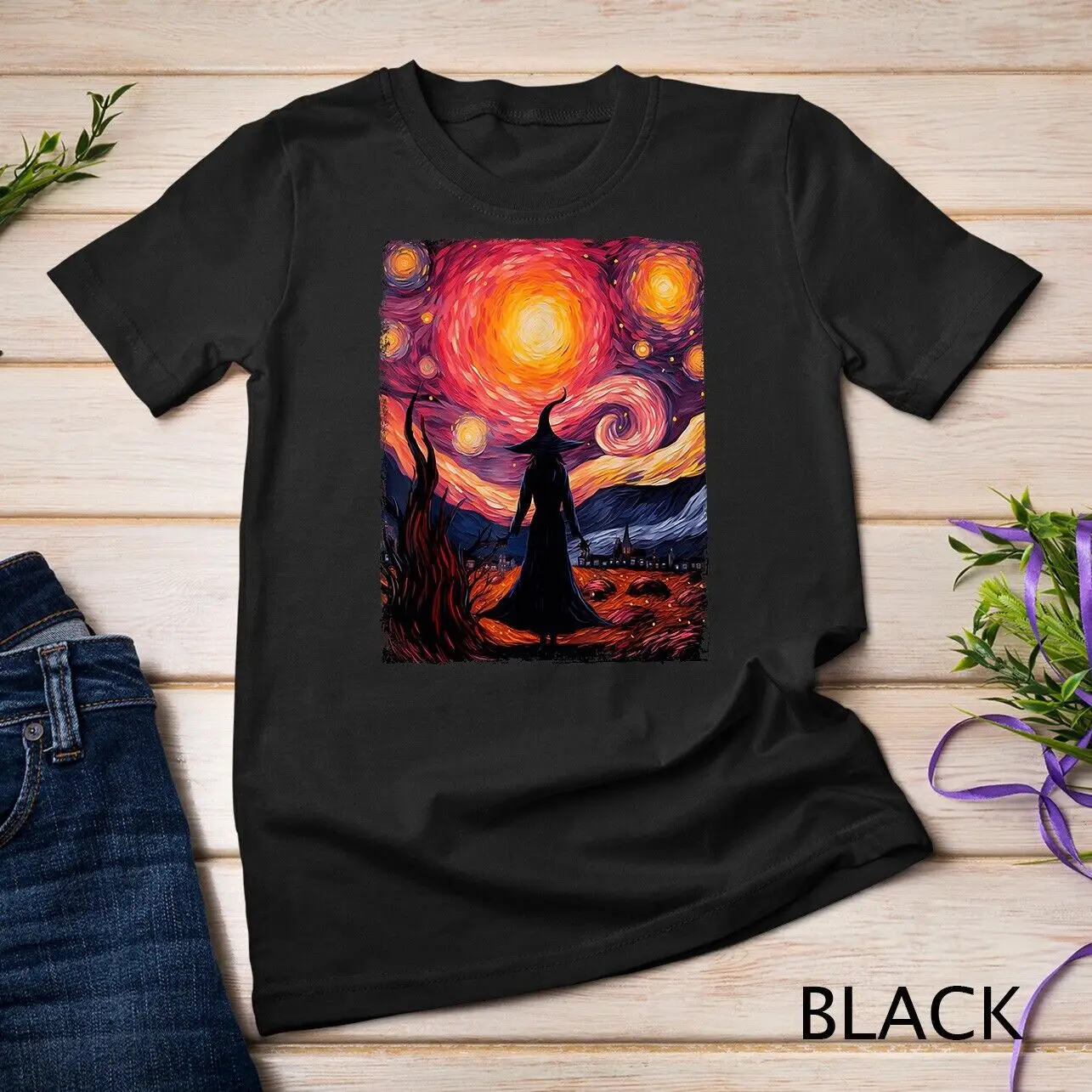 Witch Halloween Pink Breast Cancer Starry Night Van Gogh Art Unisex T-shirt