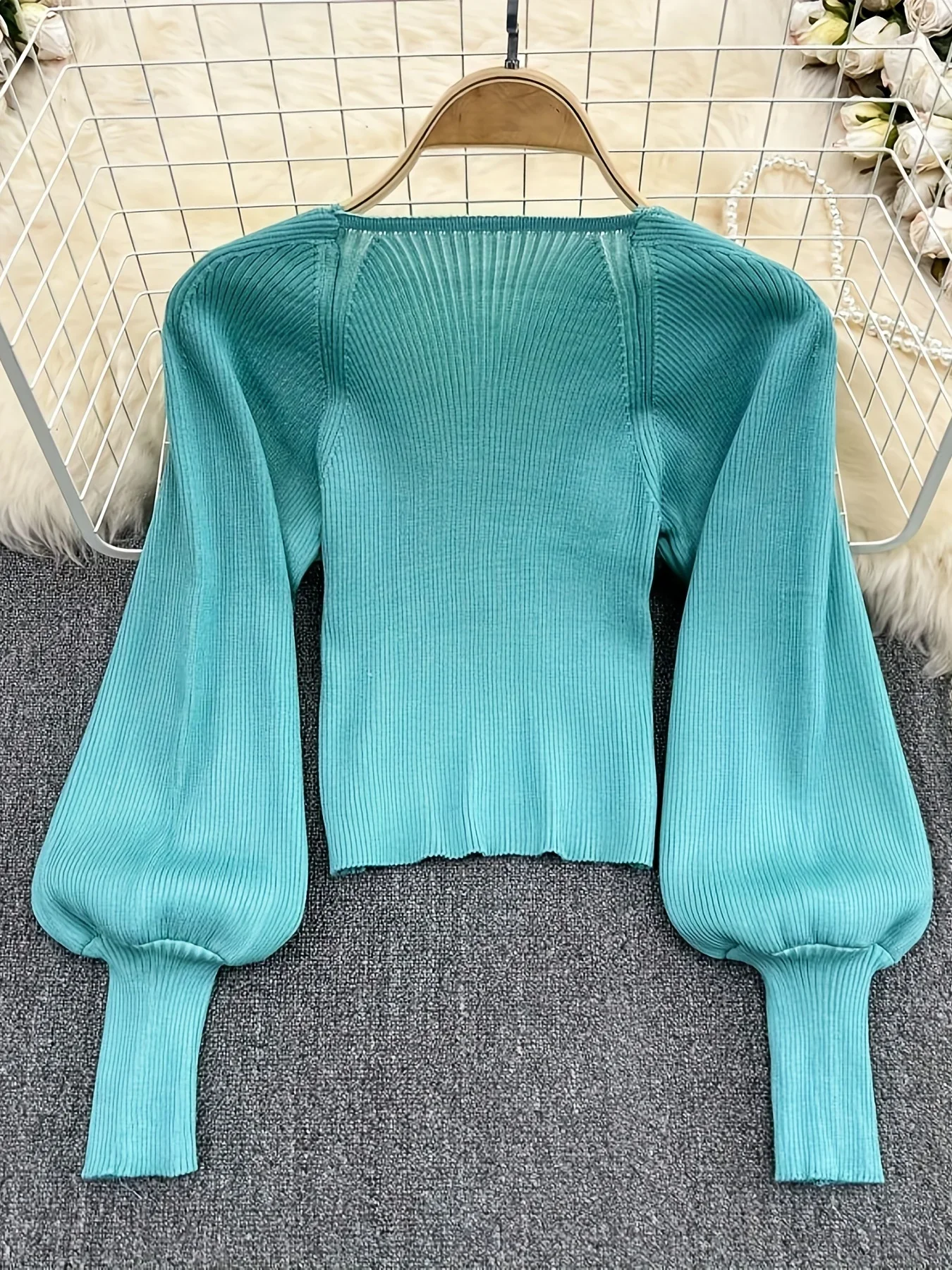 New Solid Square Neck Pullover Sweater Casual Lantern Sleeve Slim Sweater For Spring & Fall Cr Top Women's Clothing