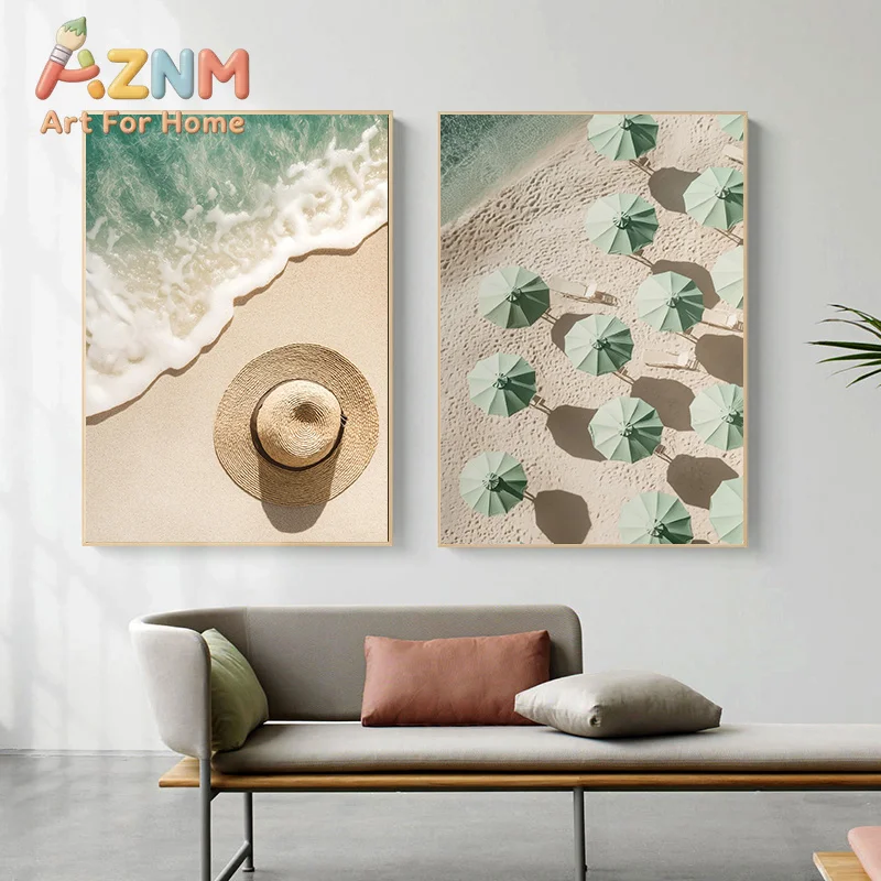 1pc framless Canvas Painting Sailing Sunset Beach Bed Santorini Surfboard Umbrellas Poster Canvas Painting Print for Living Room
