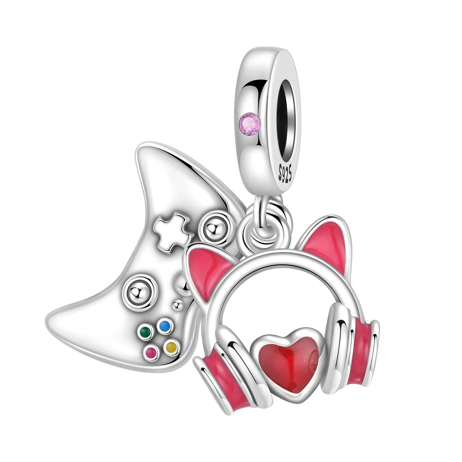 PANPOKI 925 Sterling Silber Rosa Kopfhörer Gaming-Mädchen Perle Original Anhänger Armband Halskette Charm Schmuck DIY Trendige Geschenke
