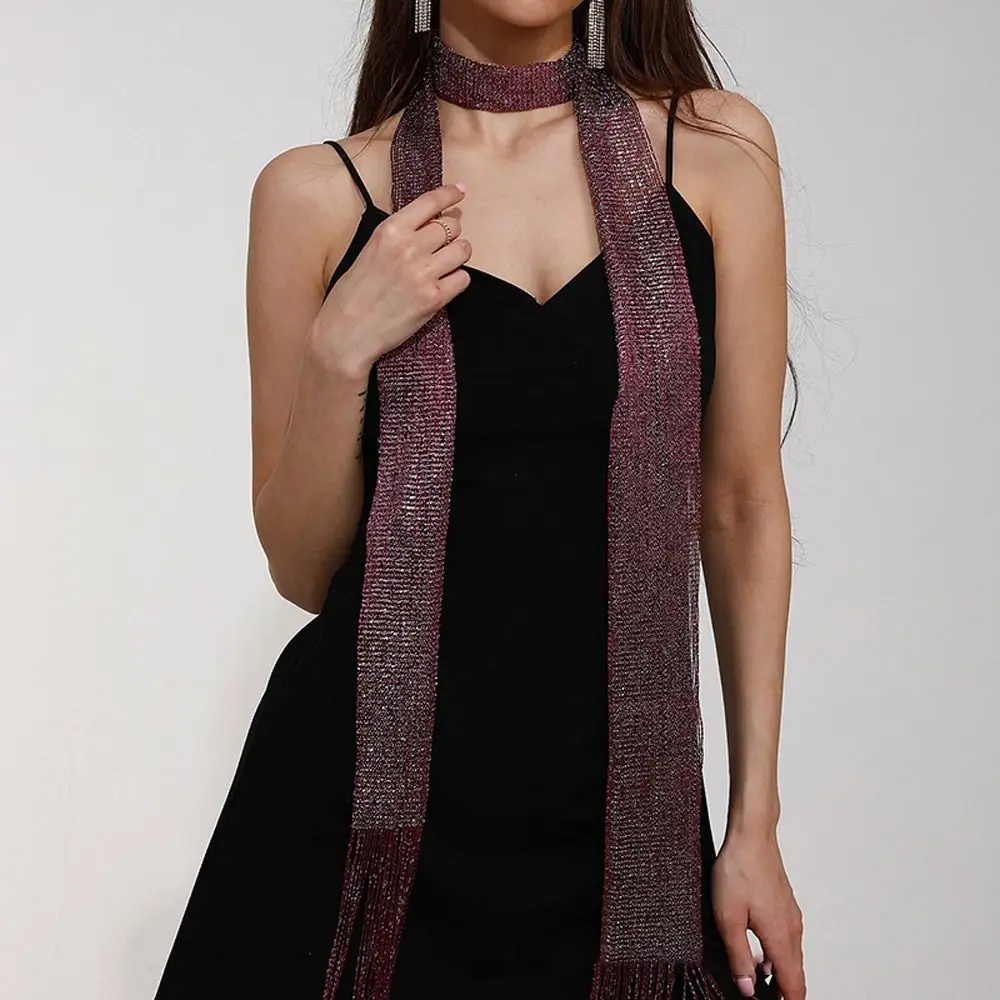 

Fashion Nightclub Sunscreen Shawl Gold Silver Bright Silk Shiny Necklace Party For Women Lace Tassel Evening Dress Scarf